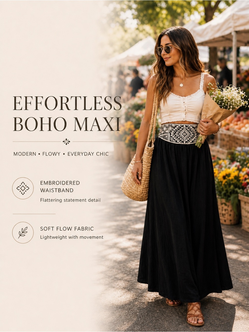 American Eagle Boho Black Maxi Skirt | Embroidered Waistband | Effortless Chic